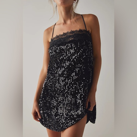 Free People Dresses & Skirts - FREE PEOPLE Black That Girl Sequin Slip Dress XS
